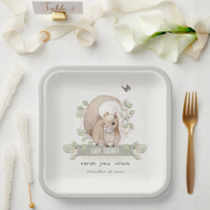 Cute Woodland Forest Floral Squirrel Baby Shower Paper Plate