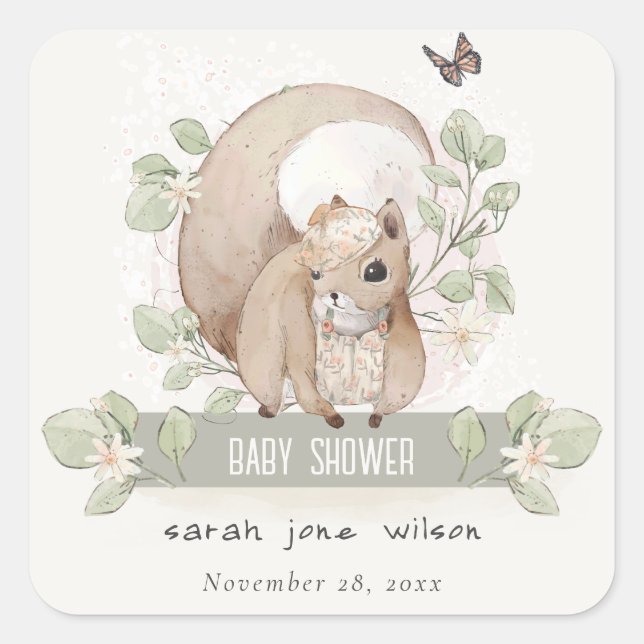 Cute Woodland Forest Floral Squirrel Baby Shower Square Sticker (Front)
