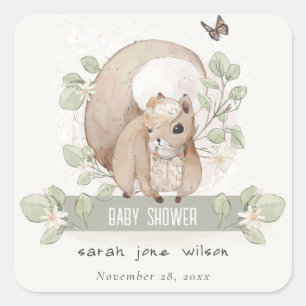Cute Woodland Forest Floral Squirrel Baby Shower Square Sticker