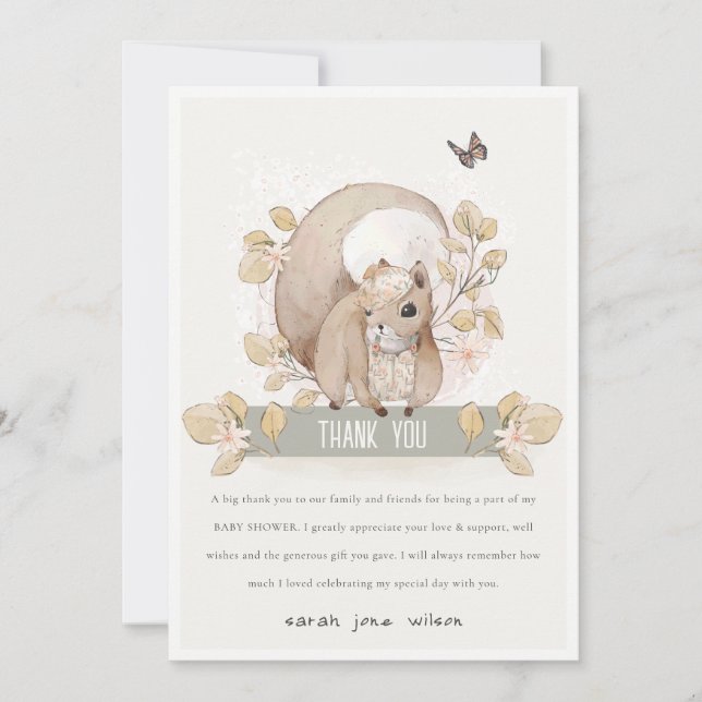 Cute Woodland Forest Floral Squirrel Baby Shower Thank You Card (Front)