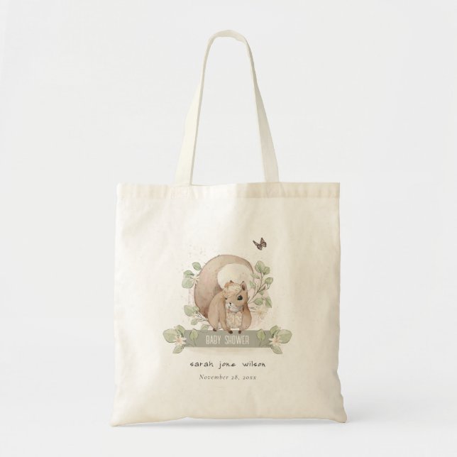 Cute Woodland Forest Floral Squirrel Baby Shower Tote Bag (Front)
