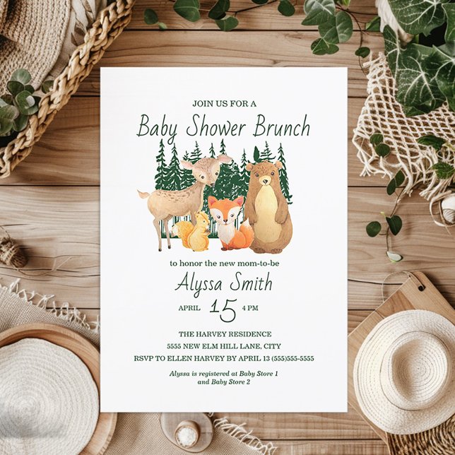 Cute Woodland Forest Friends Baby Shower Brunch Invitation (Woodland Animal baby shower invitation)
