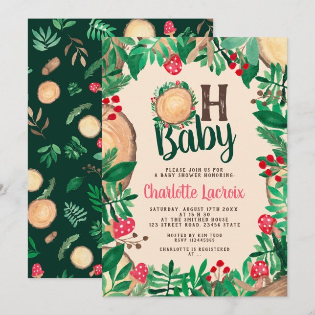 Cute woodland forest green wood Oh baby shower Invitation (Front/Back)
