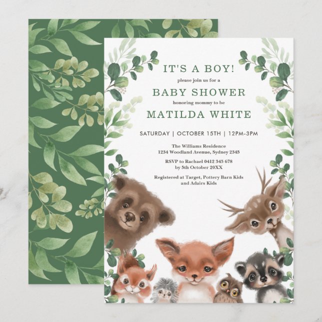 Cute Woodland Forest Greenery Animals Baby Shower Invitation (Front/Back)
