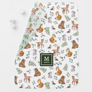Cute Woodland Forest Greenery Animals Monogram Baby Blanket