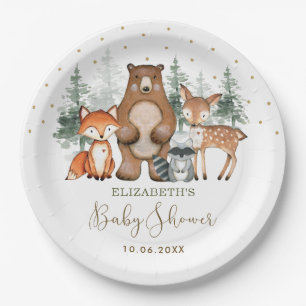 Cute Woodland Forest Greenery Gold Baby Shower Paper Plate