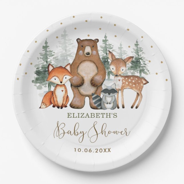 Cute Woodland Forest Greenery Gold Baby Shower Paper Plate (Front)