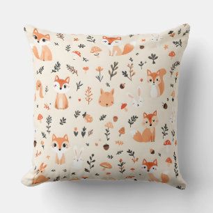 Cute Woodland Fox and Bunny Pattern on White Cushion