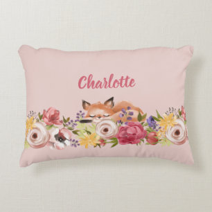 Cute Woodland Fox Asleep on Flowers Pink Name Decorative Cushion