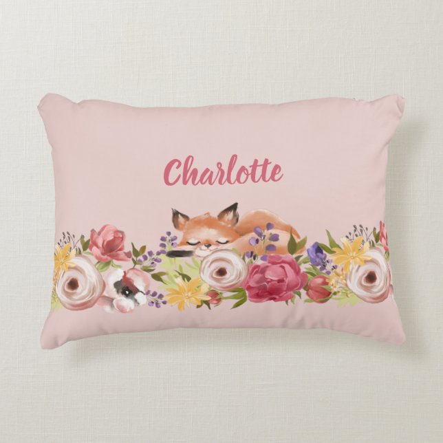 Cute Woodland Fox Asleep on Flowers Pink Name Decorative Cushion (Front)