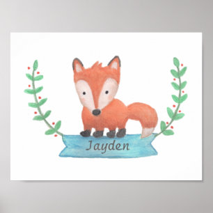 Cute Woodland Fox Baby Nursery Room Decor Poster