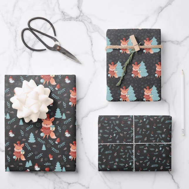 Cute Woodland Fox Black Christmas Wrapping Paper Sheet (Front)