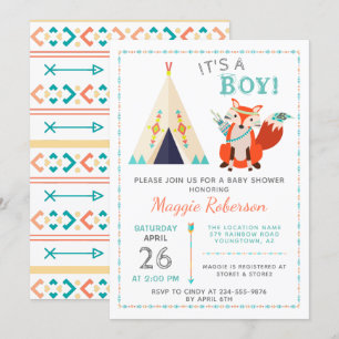 Cute Woodland Fox Boho Teepee Boy Baby Shower Invitation