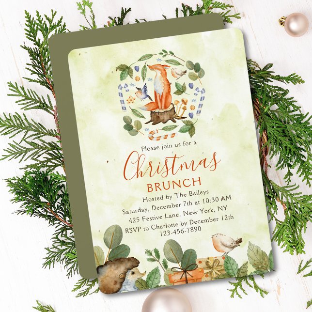 Cute Woodland Fox Christmas Brunch Watercolor Invitation (Creator Uploaded)