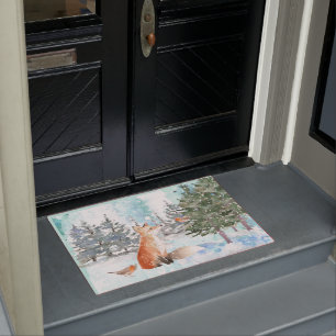 Cute Woodland Fox Christmas Watercolor Doormat