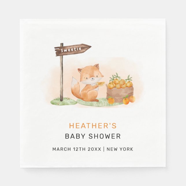 Cute Woodland Fox Citrus Orange Farm Baby Shower Napkin (Front)