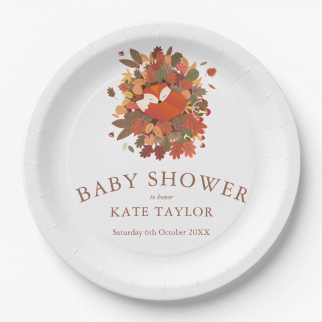 Cute Woodland Fox Cub Baby Shower Paper Plate (Front)