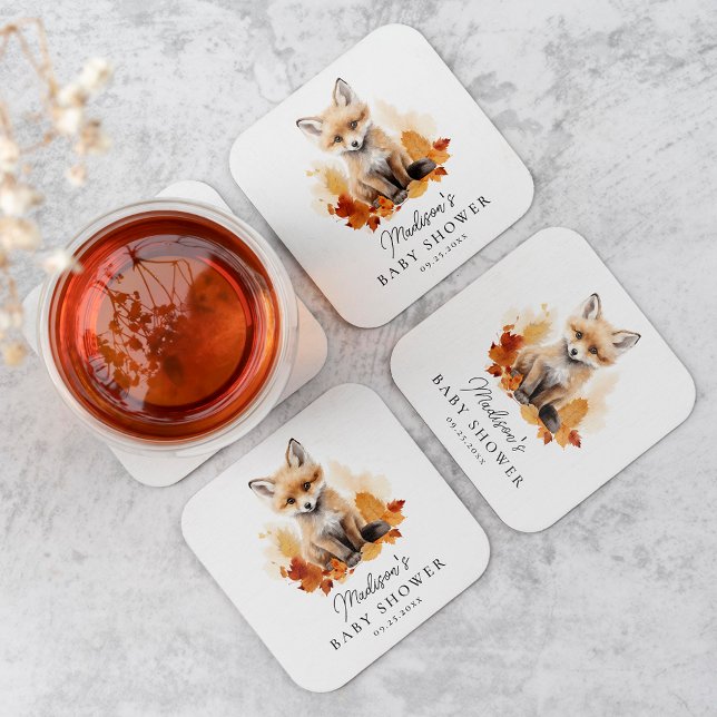 Cute Woodland Fox Fall Baby Shower Square Paper Coaster (Creator Uploaded)