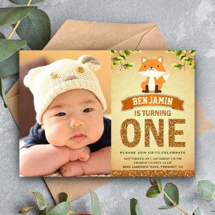 Cute Woodland Fox First Photo Birthday Invitation