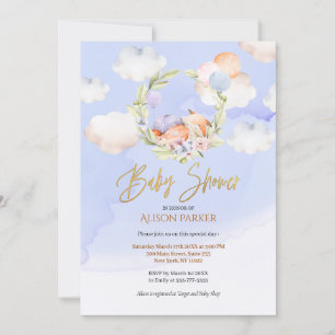 Cute Woodland Fox Floral Blue Sky Baby Shower Invitation