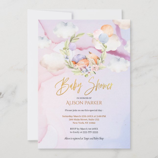 Cute Woodland Fox Floral Pink Sky Baby Shower Invitation (Front)