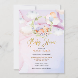 Cute Woodland Fox Floral Pink Sky Baby Shower Invitation