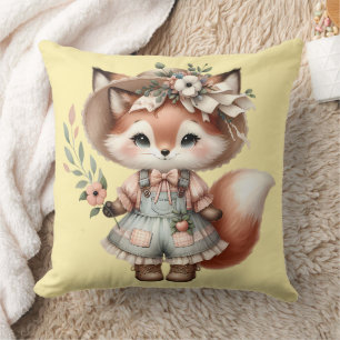 Cute Woodland Fox Girl Wearing Cottagecore Outfit Cushion