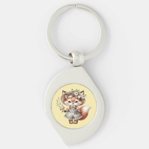 Cute Woodland Fox Girl Wearing Cottagecore Outfit Key Ring