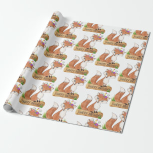 Cute Woodland Fox Happy Birthday Pattern Wrapping Paper