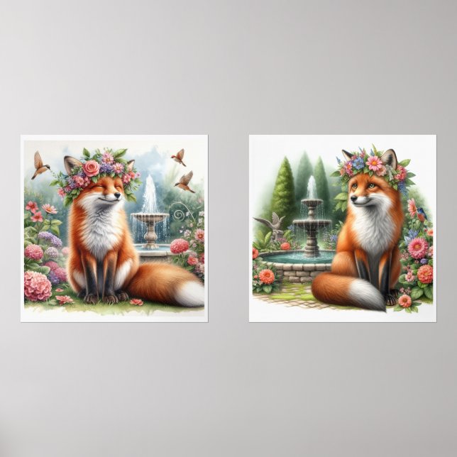 Cute Woodland Fox in Flower Garden Print Set (Front)
