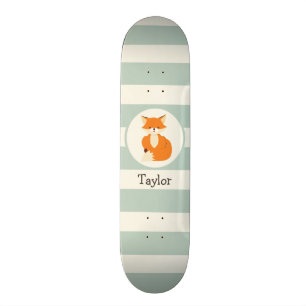 Cute Woodland Fox on Sage Green Stripes Skateboard