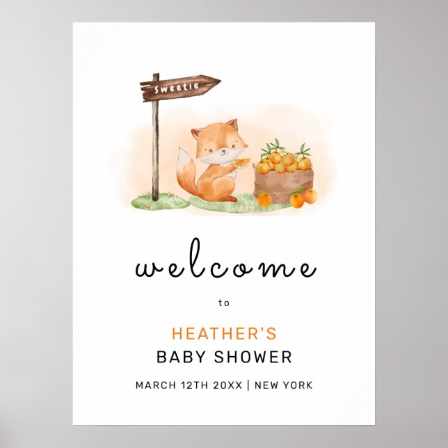 Cute Woodland Fox Orange Farm Baby Shower Welcome Poster (Front)