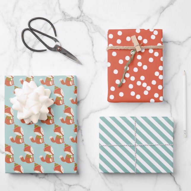Cute Woodland Fox Pattern -  Aqua Green Christmas Wrapping Paper Sheet (Front)