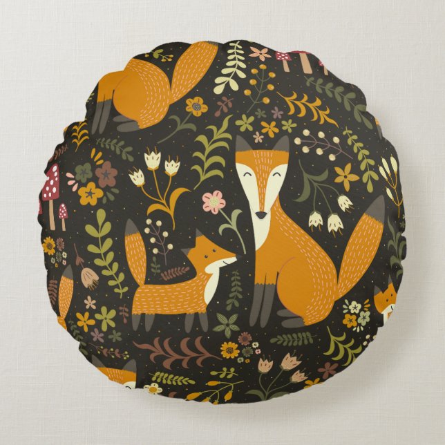 Cute Woodland Fox Pattern Bedroom or Nursery Round Cushion (Front)