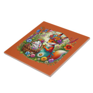 Cute woodland fox rabbit tile