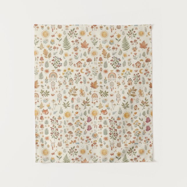 Cute Woodland Fox Sun Rainbow Seamless Pattern Tapestry (Front)