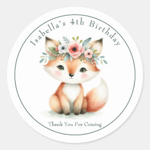 Cute Woodland Fox "Thank You" Birthday Favour Classic Round Sticker