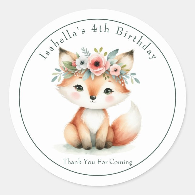 Cute Woodland Fox "Thank You" Birthday Favour Classic Round Sticker (Front)