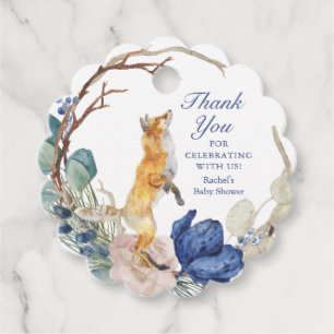 Cute Woodland Fox Watercolor Floral Baby Shower Favour Tags
