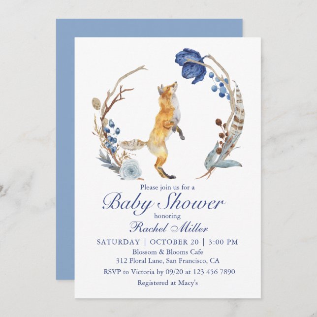Cute Woodland Fox Watercolor Floral Baby Shower Invitation (Front/Back)