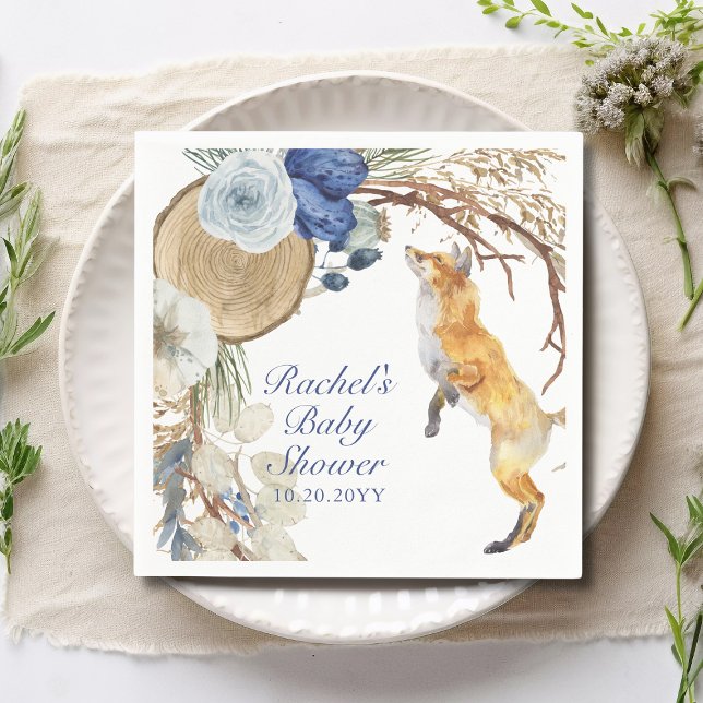 Cute Woodland Fox Watercolor Floral Baby Shower Napkin (Creator Uploaded)