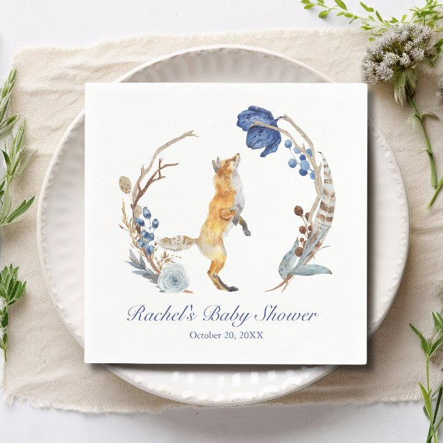 Cute Woodland Fox Watercolor Floral Baby Shower Napkin (Creator Uploaded)