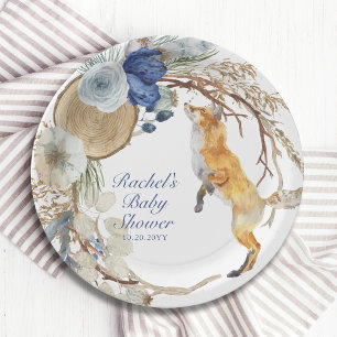 Cute Woodland Fox Watercolor Floral Baby Shower Paper Plate