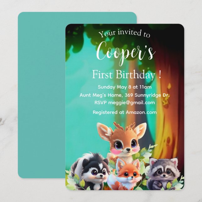 Cute Woodland friends fox skunk racoon deer (Front/Back)