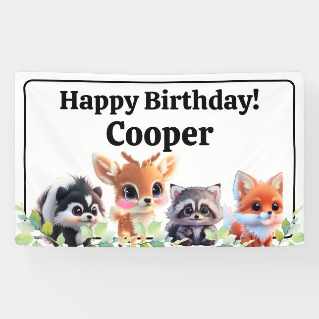 Cute Woodland friends fox skunk racoon deer Banner (Horizontal)