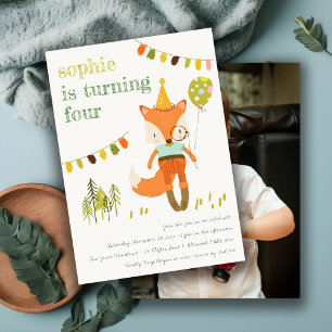 Cute Woodland Fun Party Fox Kids Birthday Photo Invitation