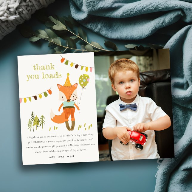 Cute Woodland Fun Party Fox Kids Birthday Photo Thank You Card (Creator Uploaded)