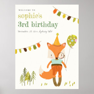 Cute Woodland Fun Party Fox Kids Birthday Welcome Poster