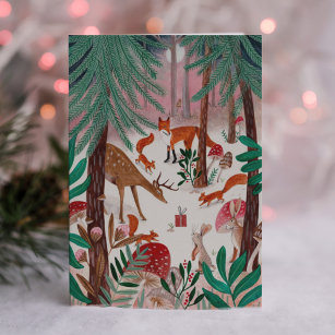 Cute Woodland green & pink woodland animals Forest Holiday Card