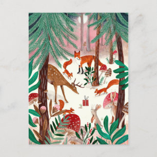 Cute Woodland green & pink woodland animals Forest Holiday Postcard